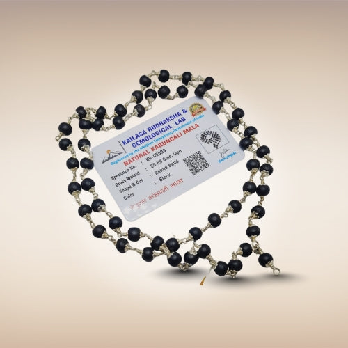Natural Karungali Mala with Silver & White Metal Capping | Certified Ebony Wood Mala (Round Beads)