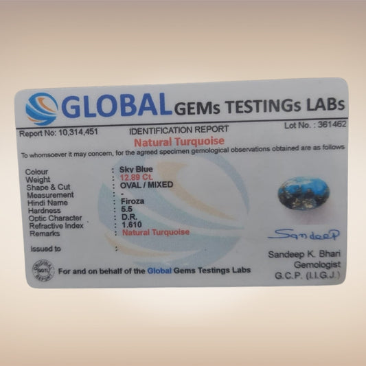 Natural Turquoise (Firoza) | Certified Gemstone 12.89 Carat