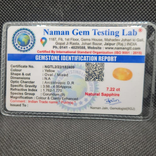 Natural Yellow Sapphire (Pukhraj) | Certified Gemstone – 7.22 Carat