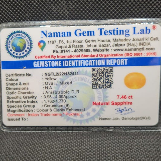 Natural Yellow Sapphire (Pukhraj) | Certified Gemstone – 7.46 Carat