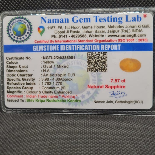 Natural Yellow Sapphire (Pukhraj) | Certified Gemstone – 7.57 Carat